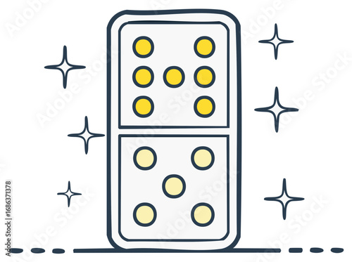 Hand-drawn illustration of a sparkling domino game tile with yellow dots