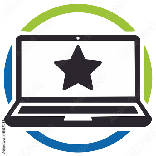 Laptop Computer with Star Screen in Blue and Green Circle Frame Online Symbol