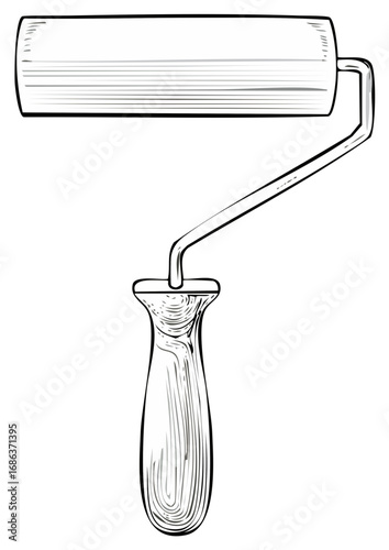 Illustration of a Paint Roller with a Wooden Handle for Wall Painting and Home Improvement Projects