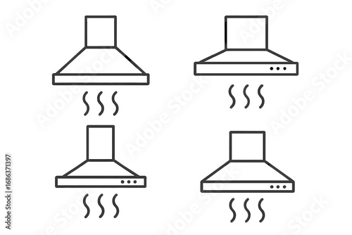 Set of linear kitchen hood icons with steam symbols, modern kitchen extractor fan vector illustration, cooking ventilation design, cartoon style transparent background