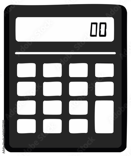 Simple black calculator with digital display showing zero and many buttons for calculations