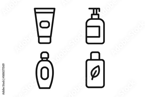 Cosmetic bottle line icon set. Skincare packaging symbols. Includes cream tube, lotion pump, shampoo, and organic product containers. Minimalist vector outline illustration.