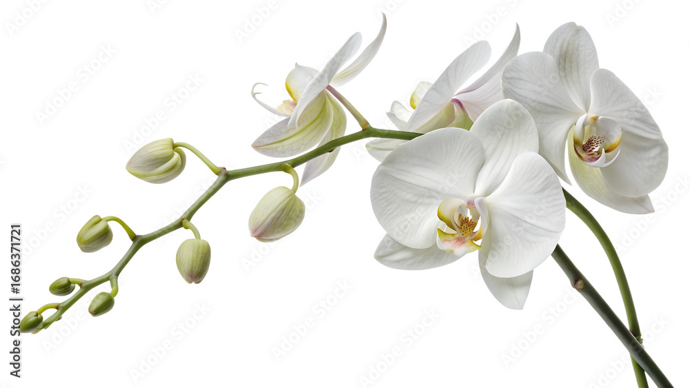 Obraz premium Elegant white orchid blossoms gracefully, showcasing the delicate beauty of the flower and its fresh green stem, all isolated on transparent background.