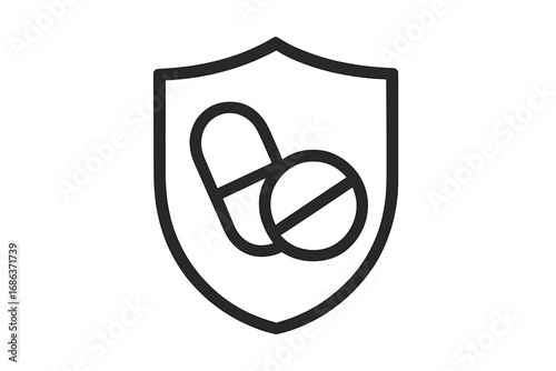 Shield with pills line icon. Concept of medical protection, health insurance, pharmacy, and immunity. Healthcare symbol for medicine, drug, vitamins, supplements. Vector logo.