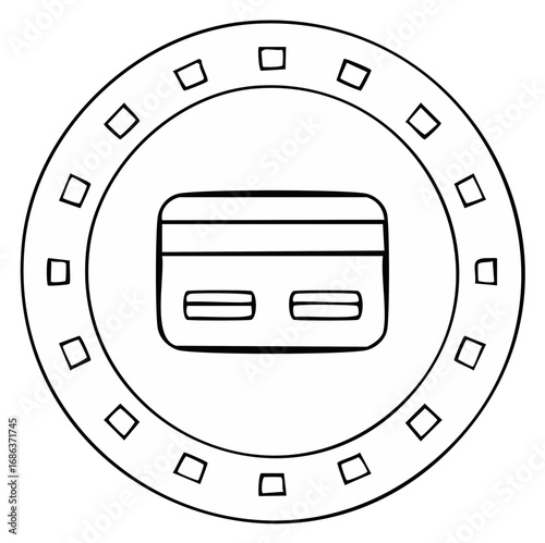 Stylized credit card inside decorative circle with small squares, representing finance, payment, or transaction