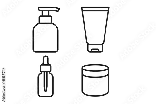 Cosmetic packaging icon set. Line art vector illustration of beauty product containers. Pump bottle, tube, dropper, and jar for cream, lotion, serum. Skincare symbols.
