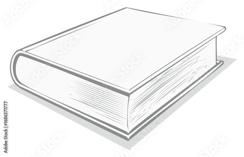 Simple line art drawing of a closed hardcover book from a side angle with visible page edges.