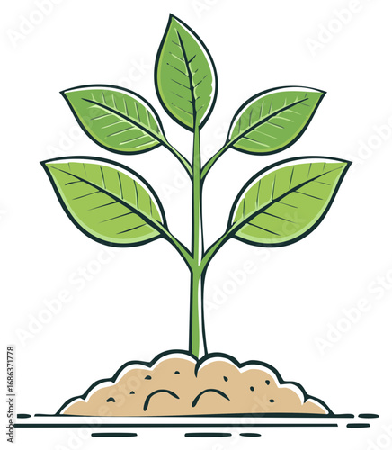 Hand drawn illustration of a small green plant sapling growing from soil