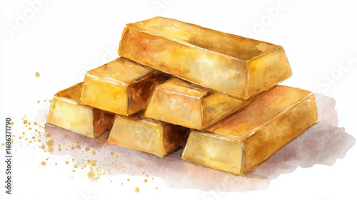 Vector illustration of shimmering gold bars stacked in watercolor style for financial concept and asset management design