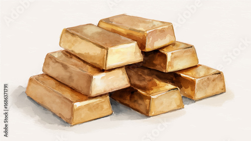 Vector illustration of shimmering gold bars stacked in watercolor style for financial concept and asset management design