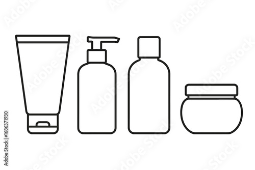 Cosmetic bottle and tube outline icon set. Skincare product packaging collection. Linear vector illustration of pump dispenser, shampoo bottle, and cream jar for a mockup.