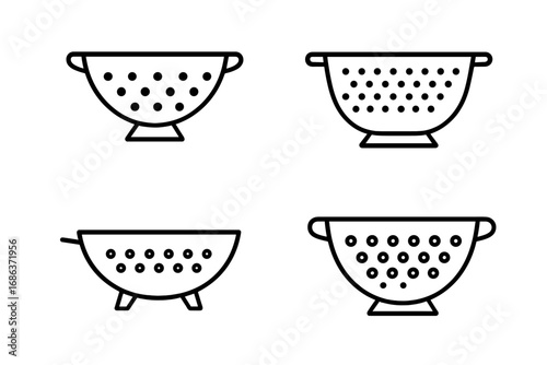 Minimalist line icons of colanders in various designs, vector cartoon illustration with transparent background, kitchen utensils set, kitchenware collection, cooking tools
