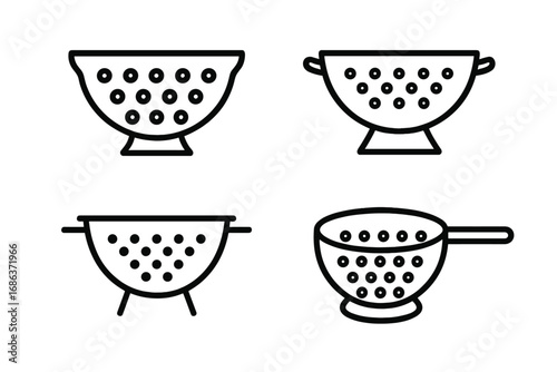 Minimalist line icons of colanders in various kitchen designs. Set of vector cartoon-style colanders with transparent background. Kitchen utensils collection with drainage holes, handles, and stands.