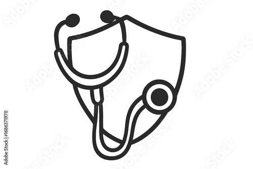 Stethoscope on a shield icon. Health insurance security concept. Medical protection logo. Healthcare safety symbol. Doctor checkup and diagnosis. Medicine guard sign. Vector emblem.
