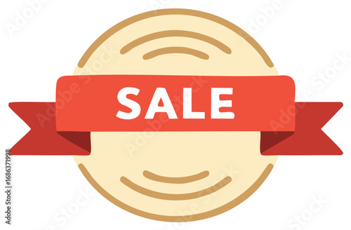 Flat vector illustration of sale banner on a beige circle with curved design elements, promotions and discounts.