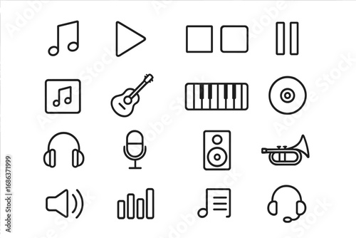 Music and Audio Line Icon Set. Vector symbols for media player, sound, and instruments. Minimalistic pictograms for UI, UX, web, and app design. Editable stroke.