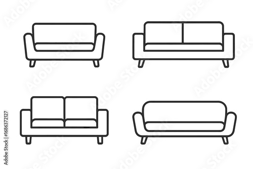 Minimalist Linear Sofa Designs for Modern Interior Decor Concepts, Vector Cartoon Illustration Set with Transparent Background, Simple Contemporary Couch Collection for Stylish Living Spaces