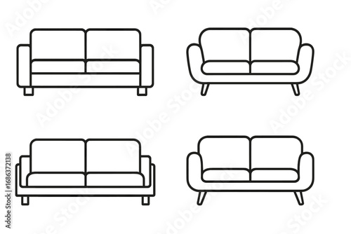 Set of minimalist linear sofa and couch designs for modern interior decor concepts, vector cartoon illustration with transparent background, stylish furniture collection for living room