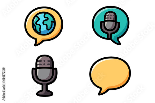 Communication icon set with microphone and globe. Vector collection for podcast, interview, or global talk concepts. Speech bubble and broadcast symbols for app and web design.