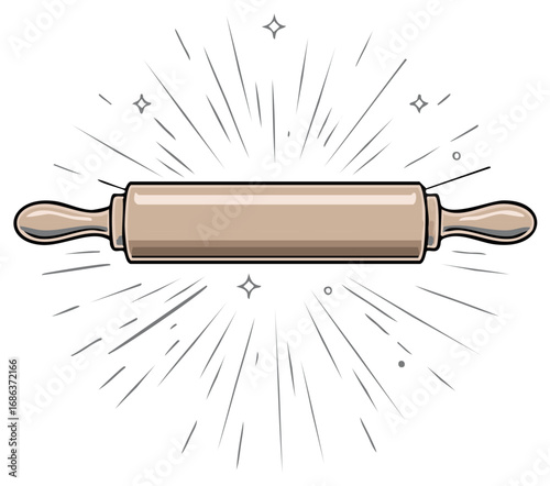 Wooden rolling pin with radiating lines and sparkles indicating baking or dough preparation