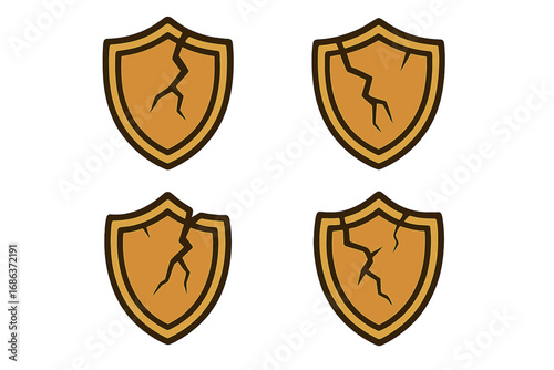 Cracked shield icon set. Symbol of broken defense, vulnerability, data breach, security failure. Metaphor for weakness, risk, and loss of protection. Vector cartoon.