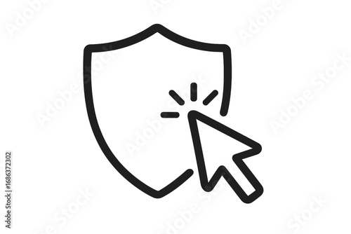 Cursor clicks on shield icon. Online security, web safety, and data protection concept. Cybersecurity, antivirus software, and privacy symbol. Vector outline illustration for apps.