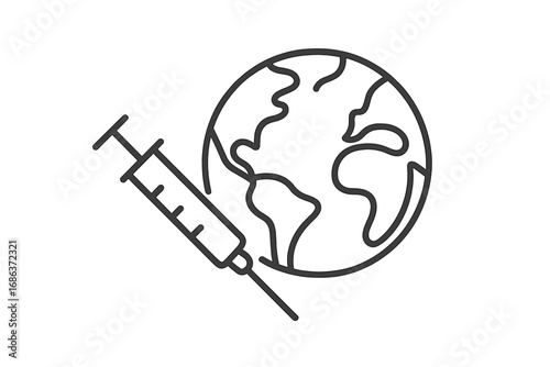Global vaccination concept icon. Planet earth and syringe line art. Worldwide immunization, disease prevention, and healthcare. Pandemic response, virus treatment vector illustration.
