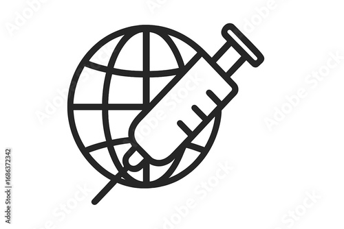 Global vaccination icon. Worldwide immunization concept. Syringe with a vaccine dose injecting the planet earth. Vector illustration for pandemic, public health, medicine and care.