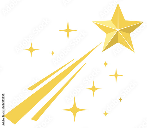 Golden shooting star with sparkling trails and smaller stars against white background