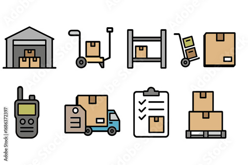 Warehouse logistics color line icon set. Shipping, delivery, storage. Vector symbols for inventory, cargo, transport. Includes truck, pallet, box, checklist pictograms.