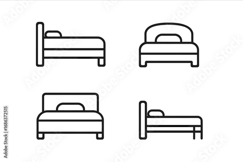 Set of minimalistic linear bed icons with simple, clean designs, vector cartoon illustrations with transparent background, ordered set of bedroom furniture symbols