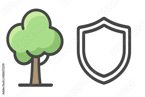 Environment protection icon with tree and shield. Ecology conservation, nature security concept. Modern outline vector illustration for sustainable business, web, and apps.