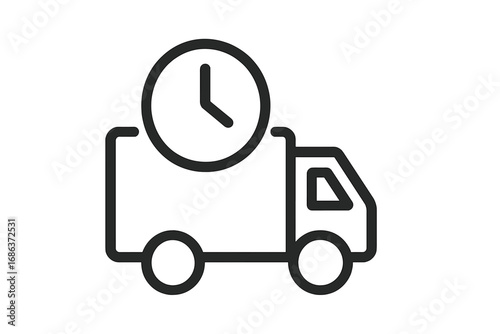 Fast delivery truck with clock icon. Express shipping service concept. On-time delivery symbol. Logistics transportation. Freight van. Time management. Vector outline pictogram.
