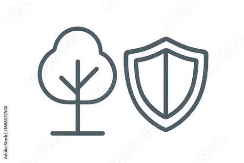 Environment protection icon with tree and shield. Vector outline illustration of nature safety, ecology, conservation, sustainability, growth, and natural security.