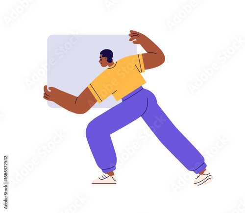 Man installing blank banner. Young male holding clean billboard, fixing empty signboard, attaching clear placard on wall, back behind view. Flat vector illustration isolated on white background