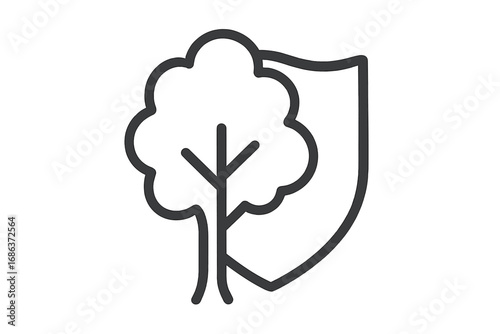 Tree and shield linear icon. Metaphor for environmental protection, nature conservation, eco safety, and security. Vector logo for data privacy and business growth.