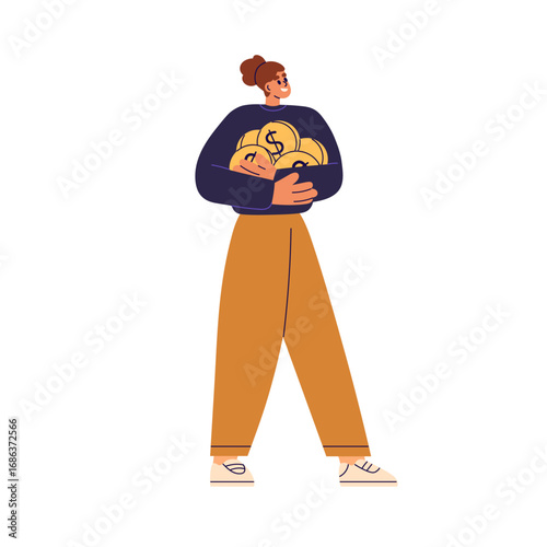 Happy woman holding coins. Female with finance savings, pile of gold dollars. Wealth, investment, income, financial literacy, fortune concept. Flat vector illustration isolated on white background