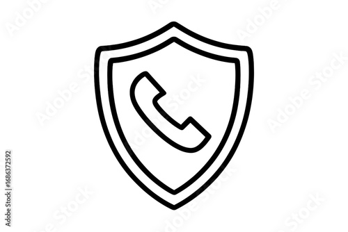 Secure call icon. Phone protection shield symbol. Spam call blocking and customer service concept. Communication safety and security. Vector line art for web and apps.