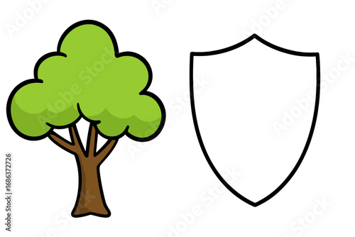 Nature protection concept with green tree and shield icon. Environmental conservation and eco safety symbol. Security logo for graphic design. Vector cartoon illustration.