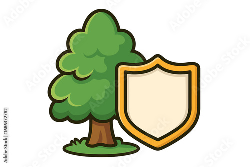 Tree and shield vector logo. Symbol of nature protection, environmental conservation, and security. Ecology concept for green business, data privacy, and forestry icon design.