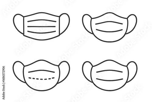 Medical face mask line icon set. Health care, virus protection. Surgical respiratory safety symbol. Pandemic, covid, coronavirus prevention. Thin outline vector illustration.