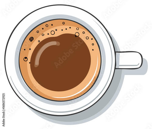 Overhead view of a coffee cup with coffee and bubbles vector illustration