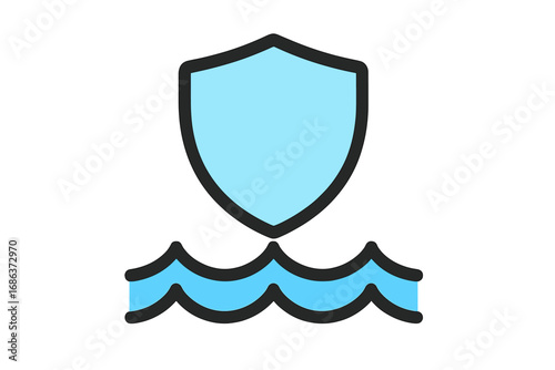 Waterproof icon and water resistant sign. Protection shield over liquid waves concept. Vector symbol for technology, fabric, product labels. Liquid proof guarantee badge.