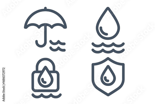 Waterproof icon set. Water resistant and protection symbols. Drop, shield, umbrella, lock. Vector line art for web, app, ui, ux. Liquid, rain, safety, security concept.