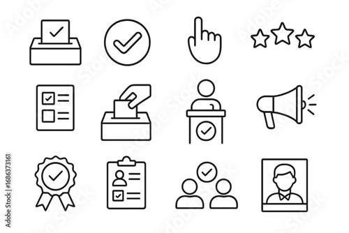 Election and voting thin line icon set. Politics, democracy, and poll symbols. Vector collection of ballot box, vote, candidate, debate, campaign, and referendum concepts.