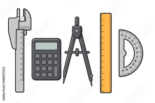 Precise engineering and architecture tools vector set, cartoon style measuring instruments, calculator, compass, ruler, protractor, tool kit for technical drawing and design