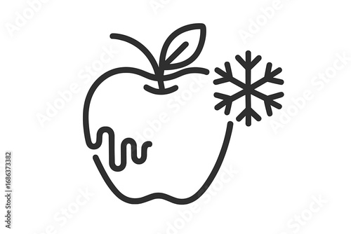 Frozen apple icon with snowflake symbol. Minimalist line art vector of cold fruit. Concept of freezing, refrigeration, fresh food storage, winter harvest, and healthy eating.