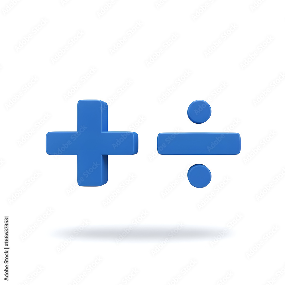 Fototapeta premium Blue plus and division symbols in 3D style against a plain white background. Mathematical symbols in a modern, isolated presentation.
