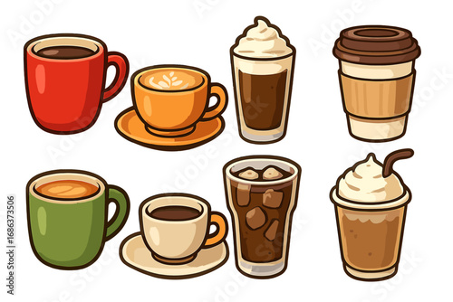 Variety of coffee cups in different colors and styles showcasing popular coffee drinks, vector cartoon illustration with transparent background, diverse hot and iced coffee beverages