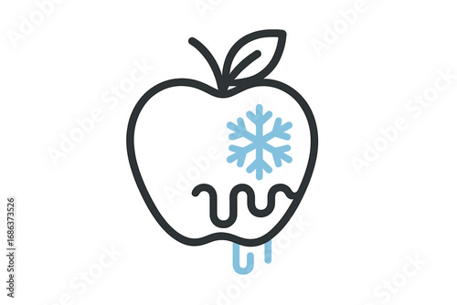 Frozen apple icon, melting fruit concept with snowflake. Vector outline pictogram for cold food storage, freezer, defrosting. Healthy fresh nutrition, diet symbol for web, apps.